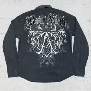 Raw State Shirt Men Large Y2K Black Grunge Punk Rock Graphic Spellout Logo